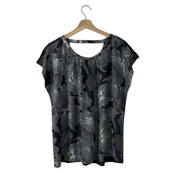 LOFT Blouse Size Medium Mixed Media Strappy Cut Out Floral Dark Gray Top 70054 - Picture 1 of 8